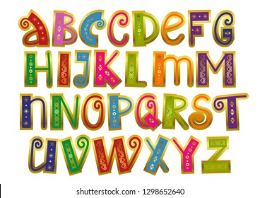 Decorative colorful latin alphabet with swirls and golden outline isolated on white background for text, inscription, greeting card, typography, design, lettering, children, cover, holiday, sticker