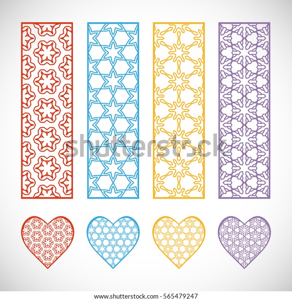 Decorative colorful line borders and matching\
hearts collection, geometric lace patterns. Isolated design\
elements on a white background. Decor for invitations, cards,\
bookmarks, banners, fabric\
print