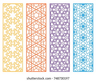 Decorative colorful line borders with repeating texture. Tribal ethnic arabic, indian, turkish geometric ornament, bookmarks templates set. Isolated design elements. Stylized lace patterns collection