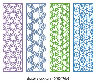 Decorative colorful line borders with repeating texture. Tribal ethnic arabic, indian, turkish geometric ornament, bookmarks templates set. Isolated design elements. Stylized lace patterns collection