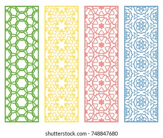 Decorative colorful line borders with repeating texture. Tribal ethnic arabic, indian, turkish geometric ornament, bookmarks templates set. Isolated design elements. Stylized lace patterns collection