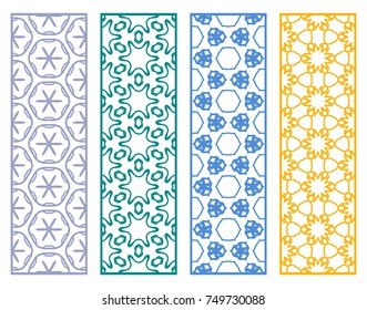 Decorative colorful line borders with repeating texture. Tribal ethnic arabic, indian, turkish geometric ornament, bookmarks templates set. Isolated design elements. Stylized lace patterns collection