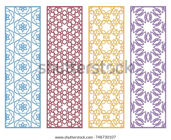 Decorative colorful line borders with
repeating texture. Tribal ethnic arabic, indian, turkish geometric
ornament, bookmarks templates set. Isolated design elements.
Stylized lace patterns
collection