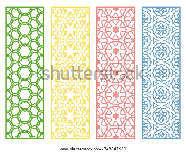 Decorative colorful line borders with\
repeating texture. Tribal ethnic arabic, indian, turkish geometric\
ornament, bookmarks templates set. Isolated design elements.\
Stylized lace patterns\
collection