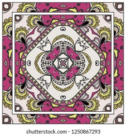 Decorative colorful mandala ornament. Hand drawn floral geometric pattern with ornate frame. Bandana shawl, tablecloth fabric print, silk neck scarf, kerchief design. Vector doodle illustration