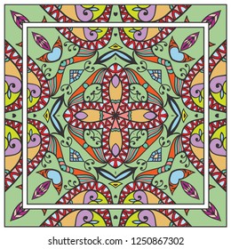 Decorative colorful mandala ornament. Hand drawn floral geometric pattern with ornate frame. Bandana shawl, tablecloth fabric print, silk neck scarf, kerchief design. Vector doodle illustration