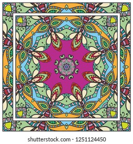 Decorative colorful mandala ornament. Hand drawn floral geometric pattern with ornate frame. Bandana shawl, tablecloth fabric print, silk neck scarf, kerchief design. Vector doodle illustration
