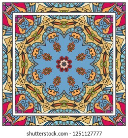 Decorative colorful mandala ornament. Hand drawn floral geometric pattern with ornate frame. Bandana shawl, tablecloth fabric print, silk neck scarf, kerchief design. Vector doodle illustration