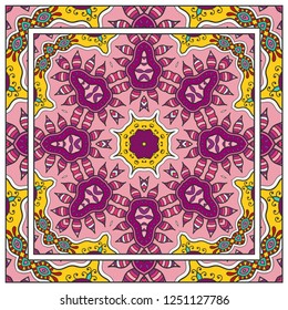 Decorative colorful mandala ornament. Hand drawn floral geometric pattern with ornate frame. Bandana shawl, tablecloth fabric print, silk neck scarf, kerchief design. Vector doodle illustration
