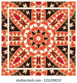 Decorative colorful mandala ornament. Hand drawn floral geometric pattern with ornate frame. Bandana shawl, tablecloth fabric print, silk neck scarf, kerchief design. Vector doodle illustration