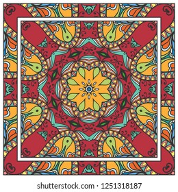 Decorative colorful mandala ornament. Hand drawn floral geometric pattern with ornate frame. Bandana shawl, tablecloth fabric print, silk neck scarf, kerchief design. Vector doodle illustration