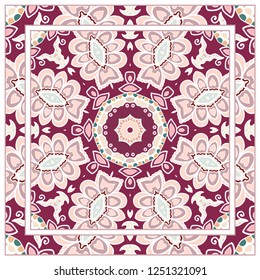 Decorative colorful mandala ornament. Hand drawn floral geometric pattern with ornate frame. Bandana shawl, tablecloth fabric print, silk neck scarf, kerchief design. Vector doodle illustration
