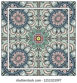 Decorative colorful mandala ornament. Hand drawn floral geometric pattern with ornate frame. Bandana shawl, tablecloth fabric print, silk neck scarf, kerchief design. Vector doodle illustration