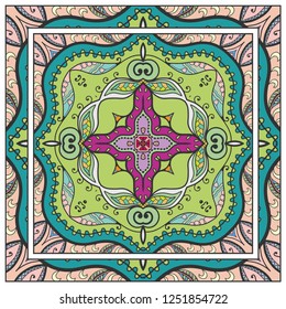 Decorative colorful mandala ornament. Hand drawn floral geometric pattern with ornate frame. Bandana shawl, tablecloth fabric print, silk neck scarf, kerchief design. Vector doodle illustration