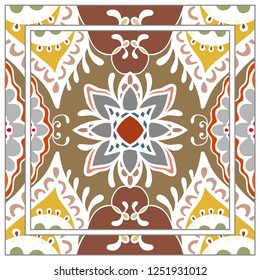 Decorative colorful mandala ornament. Hand drawn floral geometric pattern with ornate frame. Bandana shawl, tablecloth fabric print, silk neck scarf, kerchief design. Vector doodle illustration