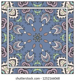 Decorative colorful mandala ornament. Hand drawn floral geometric pattern with ornate frame. Bandana shawl, tablecloth fabric print, silk neck scarf, kerchief design. Vector doodle illustration