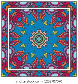 Decorative colorful mandala ornament. Hand drawn floral geometric pattern with ornate frame. Bandana shawl, tablecloth fabric print, silk neck scarf, kerchief design. Vector doodle illustration