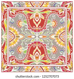 Decorative colorful mandala ornament. Hand drawn floral geometric pattern with ornate frame. Bandana shawl, tablecloth fabric print, silk neck scarf, kerchief design. Vector doodle illustration