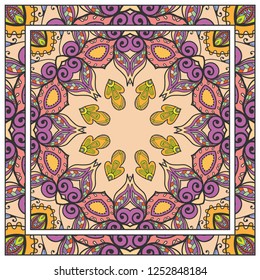 Decorative colorful mandala ornament. Hand drawn floral geometric pattern with ornate frame. Bandana shawl, tablecloth fabric print, silk neck scarf, kerchief design. Vector doodle illustration