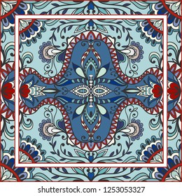 Decorative colorful mandala ornament. Hand drawn floral geometric pattern with ornate frame. Bandana shawl, tablecloth fabric print, silk neck scarf, kerchief design. Vector doodle illustration