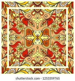 Decorative colorful mandala ornament. Hand drawn floral geometric pattern with ornate frame. Bandana shawl, tablecloth fabric print, silk neck scarf, kerchief design. Vector doodle illustration