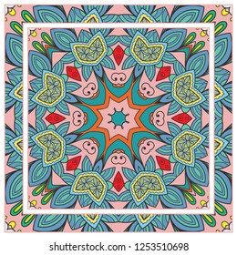 Decorative colorful mandala ornament. Hand drawn floral geometric pattern with ornate frame. Bandana shawl, tablecloth fabric print, silk neck scarf, kerchief design. Vector doodle illustration