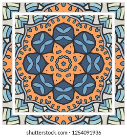 Decorative colorful mandala ornament. Hand drawn floral geometric pattern with ornate frame. Bandana shawl, tablecloth fabric print, silk neck scarf, kerchief design. Vector doodle illustration