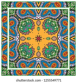 Decorative colorful mandala ornament. Hand drawn floral geometric pattern with ornate frame. Bandana shawl, tablecloth fabric print, silk neck scarf, kerchief design. Vector doodle illustration