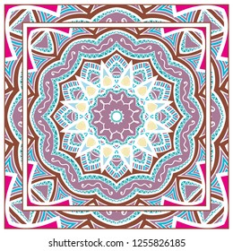 Decorative colorful mandala ornament. Hand drawn floral geometric pattern with ornate frame. Bandana shawl, tablecloth, silk neck scarf, kerchief design. Vector doodle illustration
