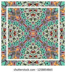 Decorative colorful mandala ornament. Hand drawn floral geometric pattern with ornate frame. Bandana shawl, tablecloth fabric print, silk neck scarf, kerchief design. Vector doodle illustration