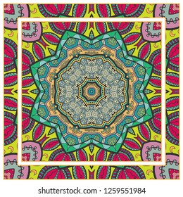 Decorative colorful mandala ornament. Hand drawn floral geometric pattern with ornate frame. Bandana shawl, tablecloth fabric print, silk neck scarf, kerchief design. Vector doodle illustration