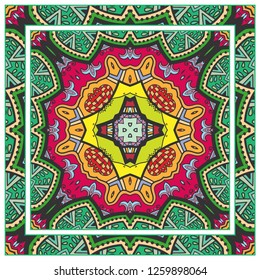 Decorative colorful mandala ornament. Hand drawn floral geometric pattern with ornate frame. Bandana shawl, tablecloth fabric print, silk neck scarf, kerchief design. Vector doodle illustration