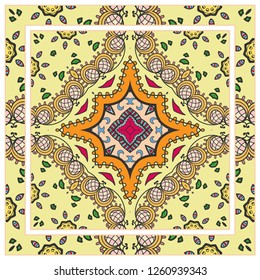 Decorative colorful mandala ornament. Hand drawn floral geometric pattern with ornate frame. Bandana shawl, tablecloth fabric print, silk neck scarf, kerchief design. Vector doodle illustration