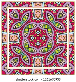 Decorative colorful mandala ornament. Hand drawn floral geometric pattern with ornate frame. Bandana shawl, tablecloth fabric print, silk neck scarf, kerchief design. Vector doodle illustration