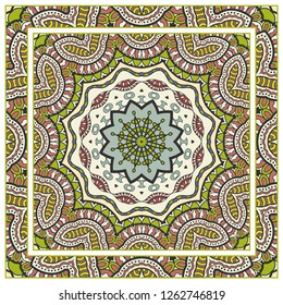 Decorative colorful mandala ornament. Hand drawn floral geometric pattern with ornate frame. Bandana shawl, tablecloth fabric print, silk neck scarf, kerchief design. Vector doodle illustration