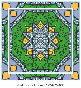 Decorative colorful mandala ornament. Hand drawn floral geometric pattern with ornate frame. Bandana shawl, tablecloth fabric print, silk neck scarf, kerchief design. Vector doodle illustration