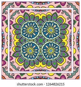 Decorative colorful mandala ornament. Hand drawn floral geometric pattern with ornate frame. Bandana shawl, tablecloth fabric print, silk neck scarf, kerchief design. Vector doodle illustration