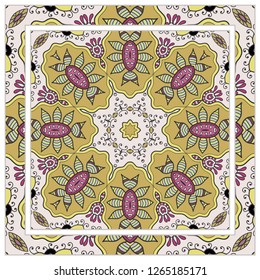 Decorative colorful mandala ornament. Hand drawn floral geometric pattern with ornate frame. Bandana shawl, tablecloth fabric print, silk neck scarf, kerchief design. Vector doodle illustration
