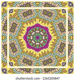 Decorative colorful mandala ornament. Hand drawn floral geometric pattern with ornate frame. Bandana shawl, tablecloth fabric print, silk neck scarf, kerchief design. Vector doodle illustration
