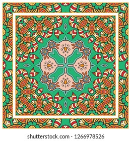 Decorative colorful mandala ornament. Hand drawn floral geometric pattern with ornate frame. Bandana shawl, tablecloth fabric print, silk neck scarf, kerchief design. Vector doodle illustration