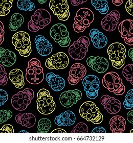 Decorative colorful mexican skulls seamless pattern, vector illustration