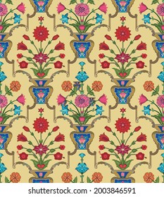 Decorative colorful Mughal seamless pattern for wallpaper print. Vintage Islamic motif illustration in modern theme. Mughal vector background
