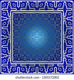 Decorative Colorful Ornament With Decorative Border. For Fashion Print, Bandanna, Tablecloth, Neck Scarf. Blue silver color
