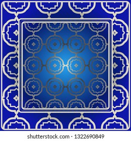 Decorative Colorful Ornament With Decorative Border. For Fashion Print, Bandanna, Tablecloth, Neck Scarf. Blue silver color
