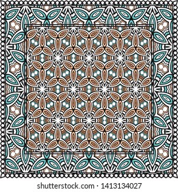 Decorative Colorful Ornament With Decorative Border. For Fashion Print, Bandanna, Tablecloth, Neck Scarf. 
