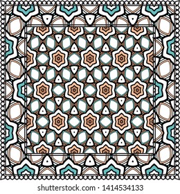 Decorative Colorful Ornament With Decorative Border. For Fashion Print, Bandanna, Tablecloth, Neck Scarf. 