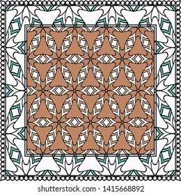 Decorative Colorful Ornament With Decorative Border. For Fashion Print, Bandanna, Tablecloth, Neck Scarf. 