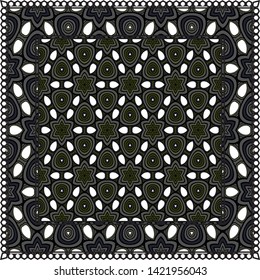 Decorative Colorful Ornament With Decorative Border. For Fashion Print, Bandanna, Tablecloth, Neck Scarf. 