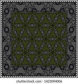 Decorative Colorful Ornament With Decorative Border. For Fashion Print, Bandanna, Tablecloth, Neck Scarf. 