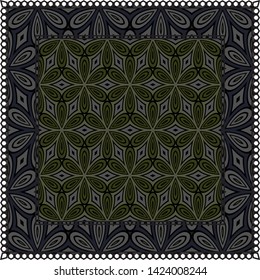 Decorative Colorful Ornament With Decorative Border. For Fashion Print, Bandanna, Tablecloth, Neck Scarf. 